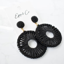 Load image into Gallery viewer, Black Beaded Raffia Circle Drops