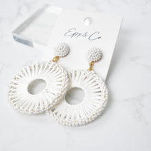 Load image into Gallery viewer, White Beaded Raffia Circle Drops