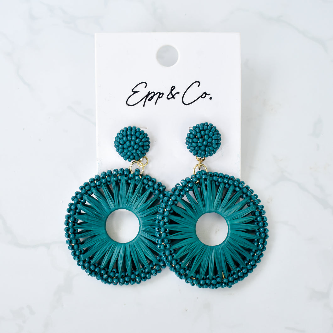 Teal Beaded Raffia Circle Drops