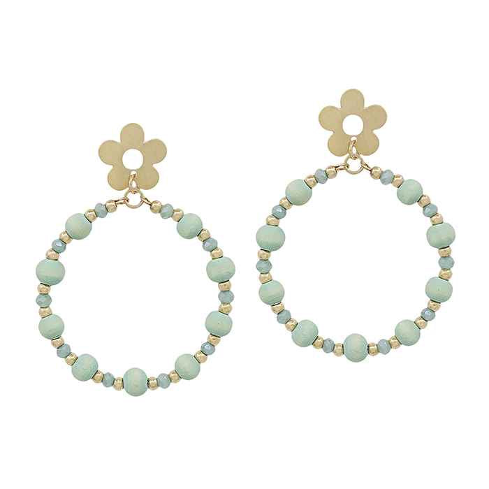 Gold Flower and Mint Wood Circle Drops