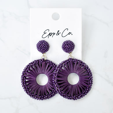 Plum Beaded Raffia Circle Drops