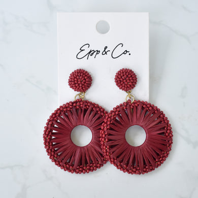 Maroon Beaded Raffia Circle Drops